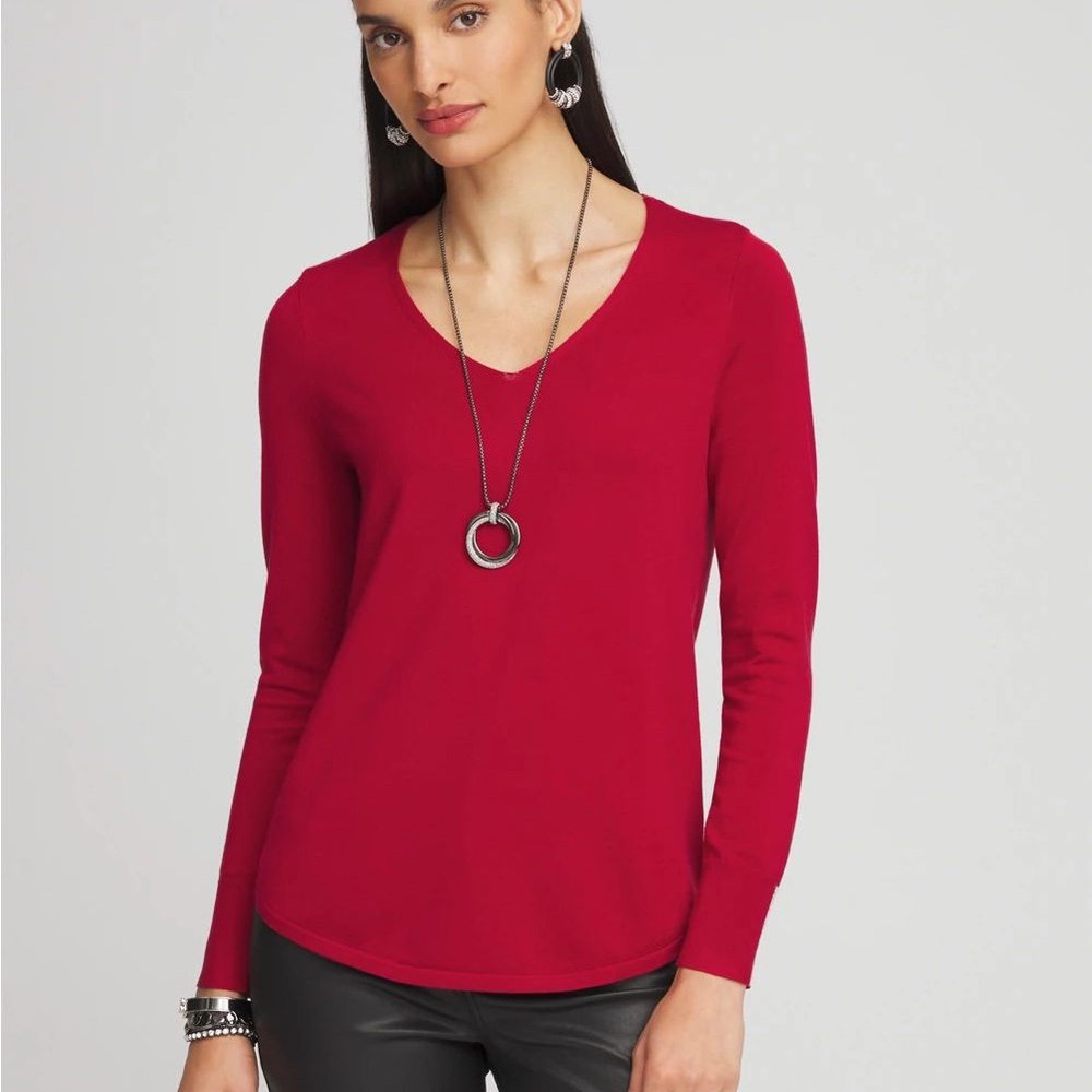 Chico's Red V-Neck Long Sleeve Sweater Beaded Cuff Trim Size 1 Medium Classic